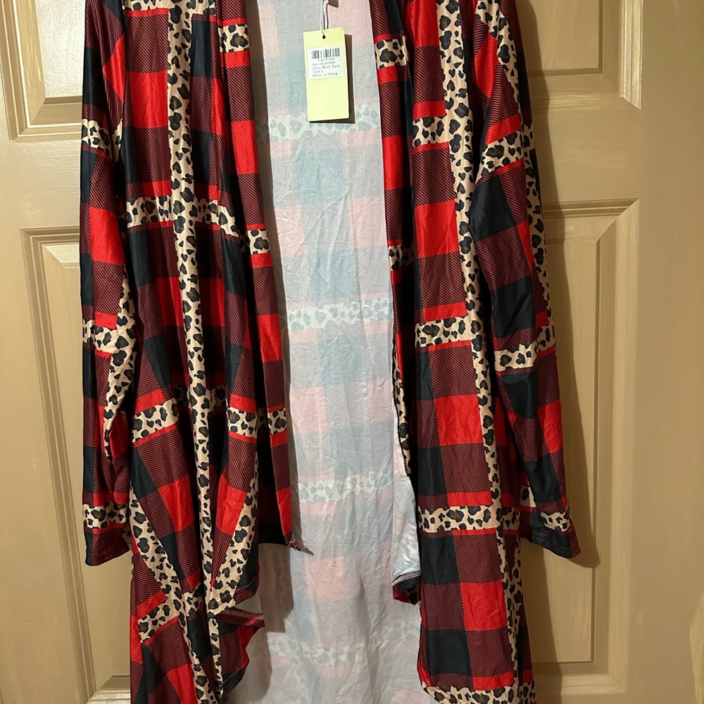 Red and Black Plaid Cardigan with Leopard Details